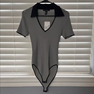 Forever 21 Black & White Striped Polo V‑Neck Bodysuit